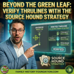 Ancestry ThruLines Explained. A square featured image for a blog post titled "Beyond the Green Leaf: Verify ThruLines with the Source Hound Strategy." On the left, a man with glasses and a beard points toward a digital interface. The interface compares an "Unverified Suggestion" featuring a basic family tree branch and a "Verified ThruLine" which shows a multi-generational tree supported by icons for an 1880 Census, Birth Certificate, and Military Record. A "Source Hound Strategy" logo featuring a magnifying glass over a paw print sits at the bottom right, and the website URL "familyhistoryfoundation.com" is displayed at the bottom.