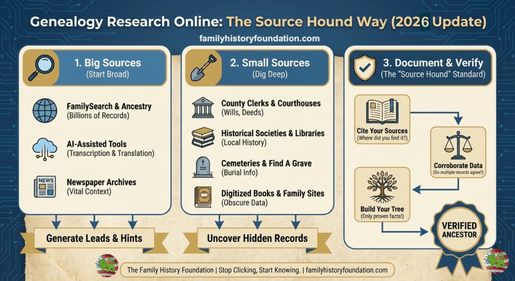 Genealogy Research Online infographic showing the steps to professional genealogy research methods