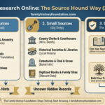 Genealogy Research Online infographic showing the steps to professional genealogy research methods