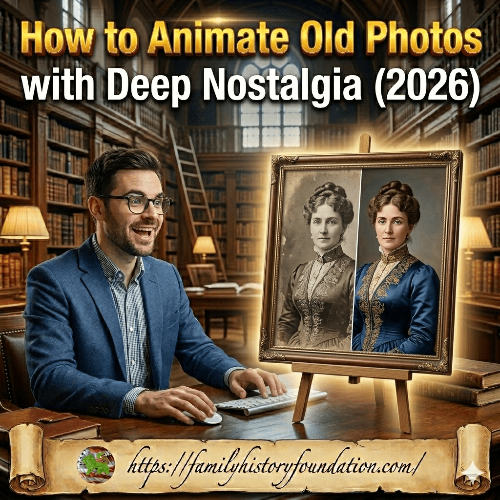 A 1:1 ratio blog featured image designed with a scholarly, high-tech historical aesthetic. Title: At the top, bold glowing text reads: "How to Animate Old Photos with Deep Nostalgia (2026)." Central Scene: A man in a sharp blue blazer and glasses sits at a dark wood desk within a grand, multi-level classical library filled with floor-to-ceiling bookshelves and warm lamps. He looks enthusiastically at the transformation on his desk. The Transformation: On the desk sits an ornate gold-framed portrait resting on a small wooden easel. The portrait features a woman from the 1800s in a formal gown with gold embroidery; the left side of the photo is sepia-toned and aged, while the right side is vividly colorized. A distinct, soft golden glow emanates from behind the frame, highlighting the digital restoration. Footer: An unrolled vintage parchment scroll at the bottom features the blog URL https://familyhistoryfoundation.com/ in elegant cursive, accompanied by a small circular heraldic logo.