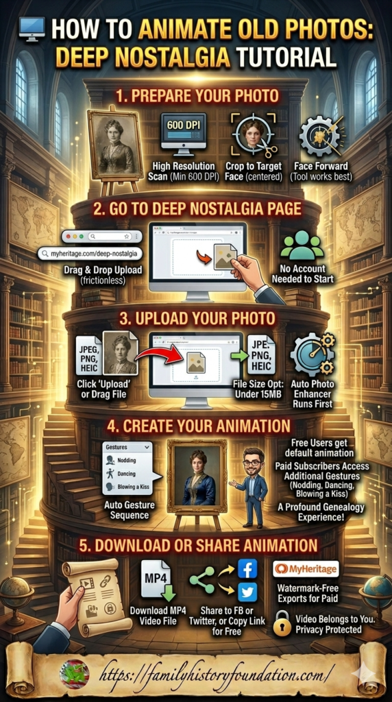 This is a vertical infographic designed for Instagram, titled "How to Animate Old Photos: Deep Nostalgia Tutorial." The image is set against the backdrop of a magnificent, multi-level classical library with golden lighting and scholarly decor.

The infographic is organized into five distinct sections, with each step header written in a bold, red, glowing font:

    Step 1: PREPARE YOUR PHOTO – Features icons for a 600 DPI high-resolution scan, a cropping tool centered on a target face, and a reminder to use "Face Forward" photos for the best results.

    Step 2: GO TO DEEP NOSTALGIA PAGE – Shows a laptop screen displaying the MyHeritage URL, highlighting a "frictionless" drag-and-drop upload and noting that no account is needed to start.

    Step 3: UPLOAD YOUR PHOTO – Illustrates an arrow moving a photo into an upload box, listing supported formats (JPEG, PNG, HEIC) and noting that an auto-enhancer runs first.

    Step 4: CREATE YOUR ANIMATION – Displays a gold-framed portrait on an easel. Beside it, a menu lists gestures like "Nodding," "Dancing," and "Blowing a Kiss." A cartoon avatar of a man in a blue blazer gestures toward the transformation.

    Step 5: DOWNLOAD OR SHARE ANIMATION – Shows icons for an MP4 video file and social media share buttons (Facebook and Twitter). It includes a privacy note stating the "Video Belongs to You."

The Footer: At the very bottom, an unrolled vintage parchment scroll displays the blog URL https://familyhistoryfoundation.com/ in elegant cursive, accompanied by a small circular heraldic logo.