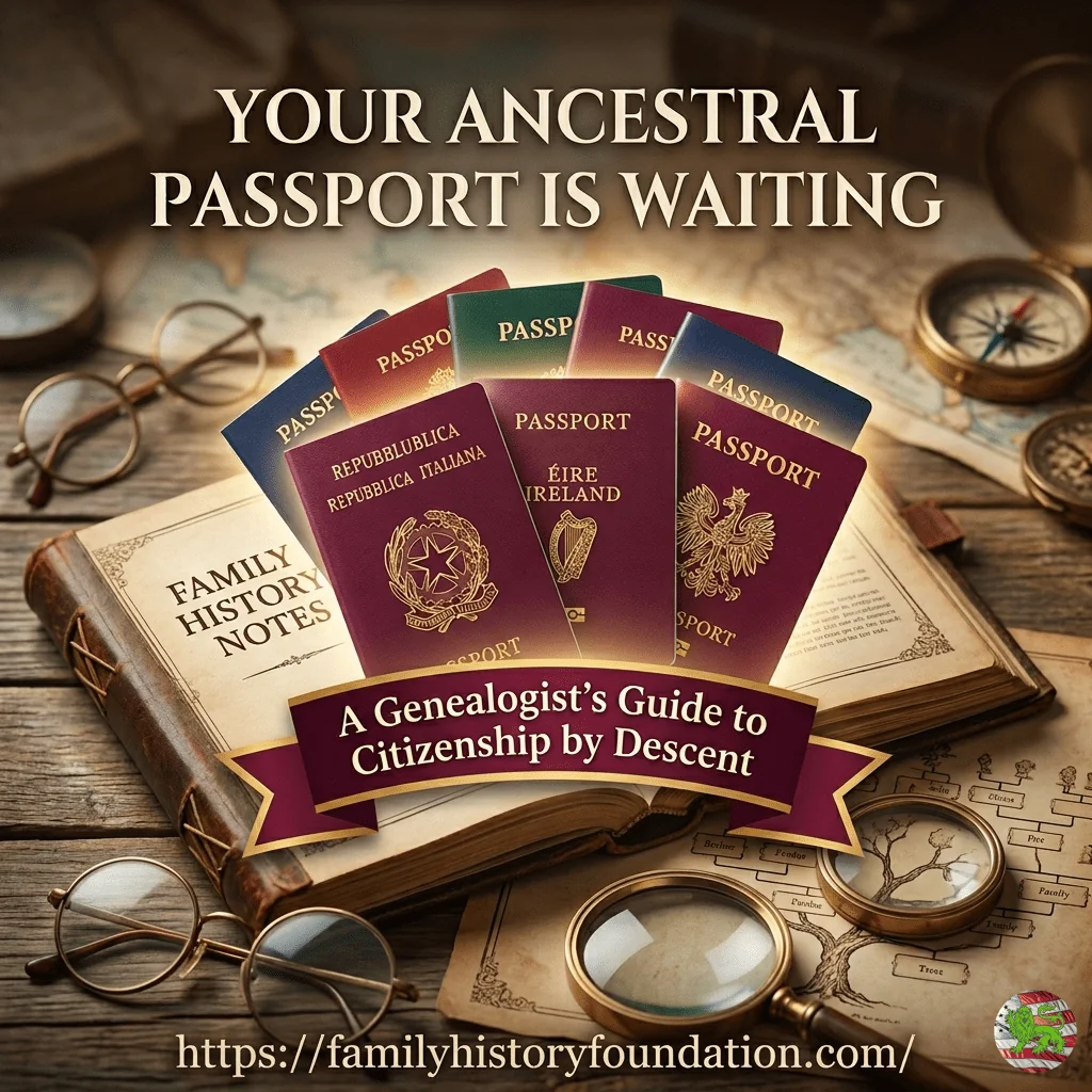 A visually striking still life photograph on a wooden desk, featuring a collection of European and South American passports fanned out like a bouquet, radiating with a soft glow from within an open vintage leather-bound journal titled "FAMILY HISTORY NOTES." Above the passports, the text "YOUR ANCESTRAL PASSPORT IS WAITING" is prominently displayed. Below, a deep purple banner with a gold trim carries the title "A Genealogist’s Guide to Citizenship by Descent." Surrounding this centerpiece are various old-world tools for exploration and historical research: * Two pairs of antique reading spectacles * Two vintage brass compasses * Three magnifying glasses * An aged parchment map showing a partial family tree with a prominent tree motif and names, one of which is "Treer." * Old books and documents blurred in the background. Visible passports include Italy (REPUBBLICA ITALIANA), Ireland (ÉIRE IRELAND), and Poland, each featuring their national coat of arms. The composition is warm and rich, using tones of wood, aged paper, and dark leathers. At the bottom edge, the URL "[https://familyhistoryfoundation.com/](https://familyhistoryfoundation.com/)" is included.