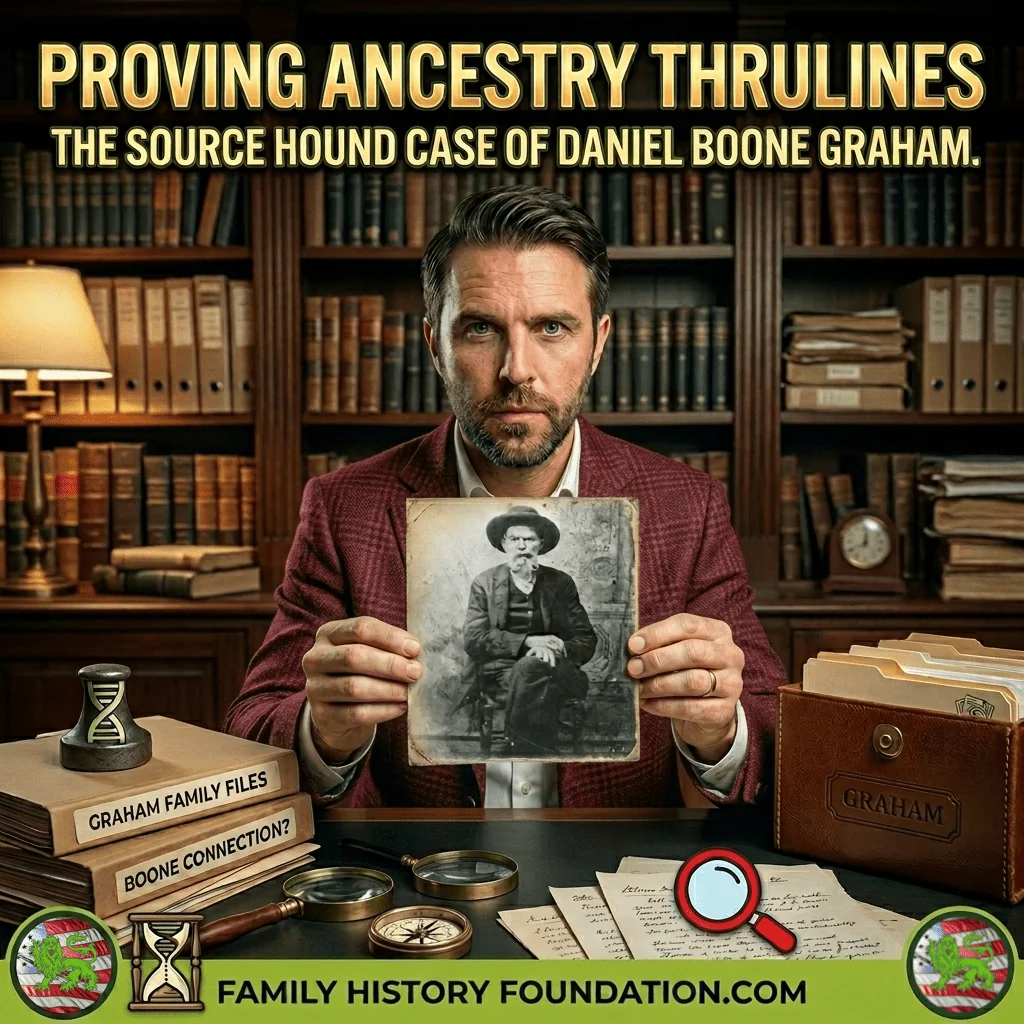 Proving Ancestry ThruLines. A man in a red textured sport coat sits at a desk in a library, holding an antique black-and-white photograph of an older man with a pipe. The image features large gold text reading "PROVING ANCESTRY THRU LINES" and a subtitle, "THE SOURCE HOUND CASE OF DANIEL BOONE GRAHAM". On the desk are research materials including magnifying glasses, old documents, and folders labeled "GRAHAM" and "BOONE CONNECTION?". The bottom banner displays "FAMILY HISTORY FOUNDATION.COM" alongside the brand's leaf and crest logos.