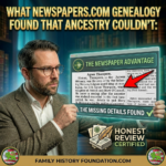 Newspapers-com Genealogy. A man in a brown tweed jacket with an engaged, surprised expression holds a tablet in a promotional image titled 'WHAT NEWSPAPERS.COM GENEALOGY FOUND THAT ANCESTRY COULDN'T'. He points a red arrow towards a virtual screen displaying a 'Newspapers.com' browser window comparing 'ANCESTRY FINDINGS' and 'NEWSPAPERS.COM DISCOVERIES', which highlights unique social announcements and personal obituaries. A specific newspaper clipping is circled in red, showing an obituary for Eleanor Vance with her maiden name and hometown listed. The bottom of the image has a website URL 'FAMILY HISTORY FOUNDATION.COM', logos for 'HONEST REVIEW CERTIFIED' and 'FAMILY HISTORY FOUNDATION'. The background is a blurred library of old books.