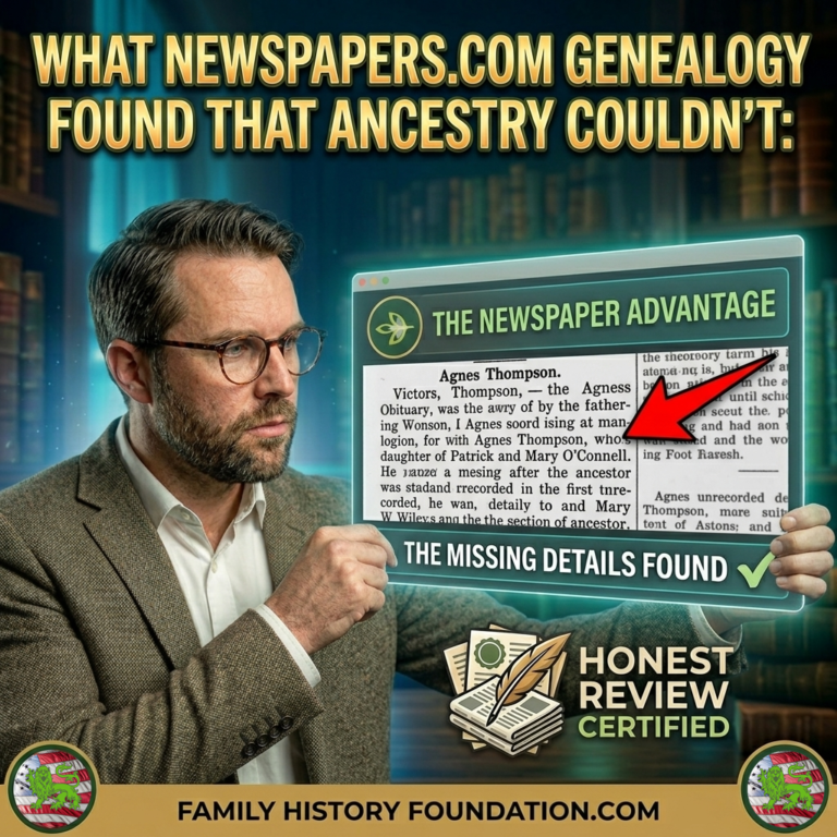Newspapers-com Genealogy. A man in a brown tweed jacket with an engaged, surprised expression holds a tablet in a promotional image titled 'WHAT NEWSPAPERS.COM GENEALOGY FOUND THAT ANCESTRY COULDN'T'. He points a red arrow towards a virtual screen displaying a 'Newspapers.com' browser window comparing 'ANCESTRY FINDINGS' and 'NEWSPAPERS.COM DISCOVERIES', which highlights unique social announcements and personal obituaries. A specific newspaper clipping is circled in red, showing an obituary for Eleanor Vance with her maiden name and hometown listed. The bottom of the image has a website URL 'FAMILY HISTORY FOUNDATION.COM', logos for 'HONEST REVIEW CERTIFIED' and 'FAMILY HISTORY FOUNDATION'. The background is a blurred library of old books.