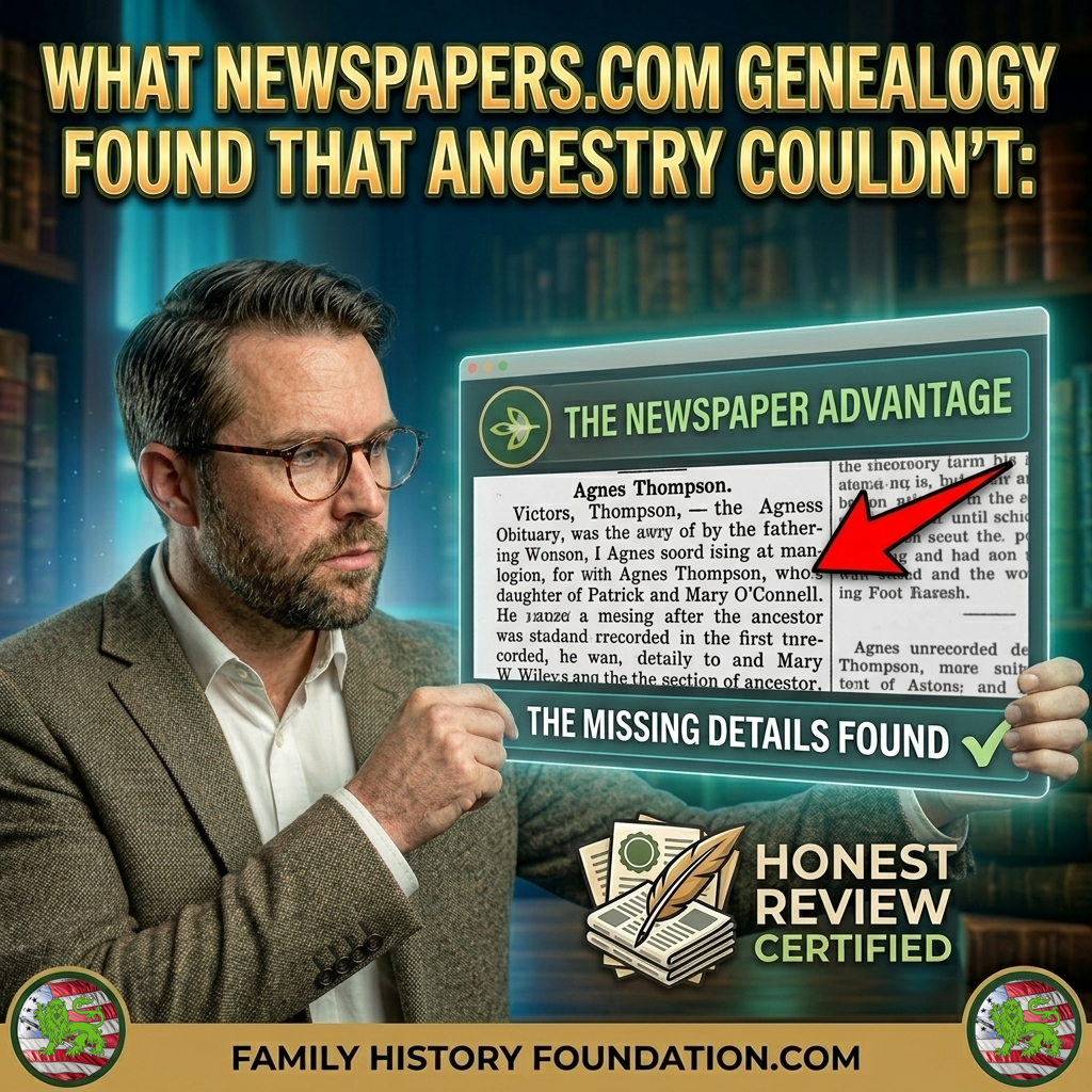 Newspapers-com Genealogy. A man in a brown tweed jacket with an engaged, surprised expression holds a tablet in a promotional image titled 'WHAT NEWSPAPERS.COM GENEALOGY FOUND THAT ANCESTRY COULDN'T'. He points a red arrow towards a virtual screen displaying a 'Newspapers.com' browser window comparing 'ANCESTRY FINDINGS' and 'NEWSPAPERS.COM DISCOVERIES', which highlights unique social announcements and personal obituaries. A specific newspaper clipping is circled in red, showing an obituary for Eleanor Vance with her maiden name and hometown listed. The bottom of the image has a website URL 'FAMILY HISTORY FOUNDATION.COM', logos for 'HONEST REVIEW CERTIFIED' and 'FAMILY HISTORY FOUNDATION'. The background is a blurred library of old books.