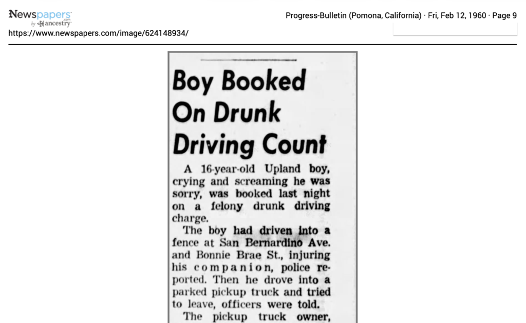 What Newspapers-com Genealogy. Newspaper clipping of 1960 article from Pomona detailing a car crash. 