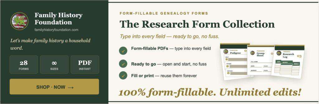 Two-panel promotional banner for The Research Form Collection. Left panel shows the Family History Foundation logo, tagline, stat tiles, and Shop Now button on dark green. Right panel lists form-fillable PDF benefits alongside a mockup of the Pedigree, Group Sheet, and Research Log forms.