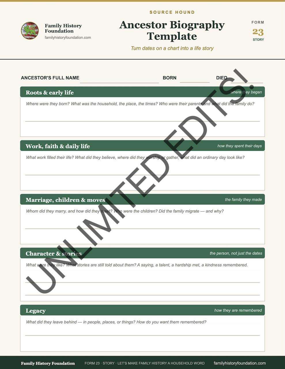 Form-Fillable Ancestor Biography Template PDF | Printable – Family ...