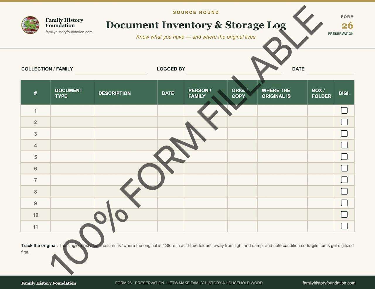 Form-Fillable Document Inventory & Storage Log PDF | Printable – Family ...