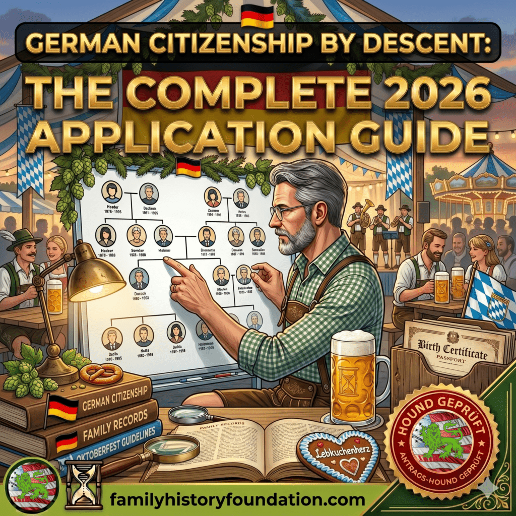 An illustration in a professional yet festive style for a blog post titled "German Citizenship by Descent: The Complete 2026 Application Guide." At the center, a man with glasses and a grey beard, dressed in traditional Bavarian lederhosen, sits at a desk inside a bustling Oktoberfest tent. He is pointing to a large, clear family tree chart displayed on a whiteboard. The background shows festive tent decorations, a German flag, and people socializing at tables with beer steins. On the desk in front of him are an open genealogy research book, a magnifying glass, a glass of beer, and a heart-shaped "Lebkuchenherz" gingerbread cookie. Stacked to his left are books labeled "German Citizenship," "Family Records," and "Oktoberfest Guidelines." To his right is a folder labeled "Birth Certificate/Passport." The image features branding elements including a circular "Hound Geprüft" seal in the bottom right corner, an hourglass icon, a Family History Foundation emblem, and the URL "familyhistoryfoundation.com" displayed in a green banner at the bottom.