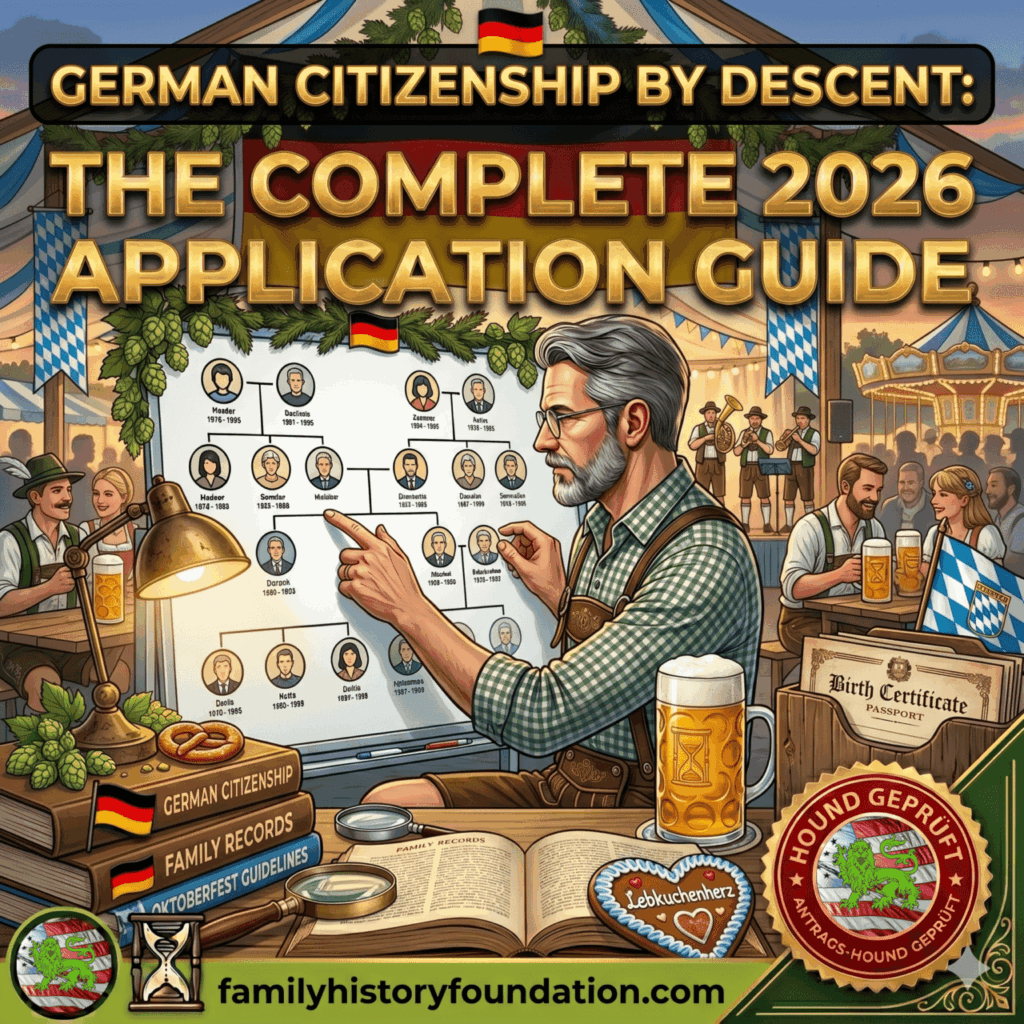 An illustration in a professional yet festive style for a blog post titled "German Citizenship by Descent: The Complete 2026 Application Guide." At the center, a man with glasses and a grey beard, dressed in traditional Bavarian lederhosen, sits at a desk inside a bustling Oktoberfest tent. He is pointing to a large, clear family tree chart displayed on a whiteboard. The background shows festive tent decorations, a German flag, and people socializing at tables with beer steins. On the desk in front of him are an open genealogy research book, a magnifying glass, a glass of beer, and a heart-shaped "Lebkuchenherz" gingerbread cookie. Stacked to his left are books labeled "German Citizenship," "Family Records," and "Oktoberfest Guidelines." To his right is a folder labeled "Birth Certificate/Passport." The image features branding elements including a circular "Hound Geprüft" seal in the bottom right corner, an hourglass icon, a Family History Foundation emblem, and the URL "familyhistoryfoundation.com" displayed in a green banner at the bottom.