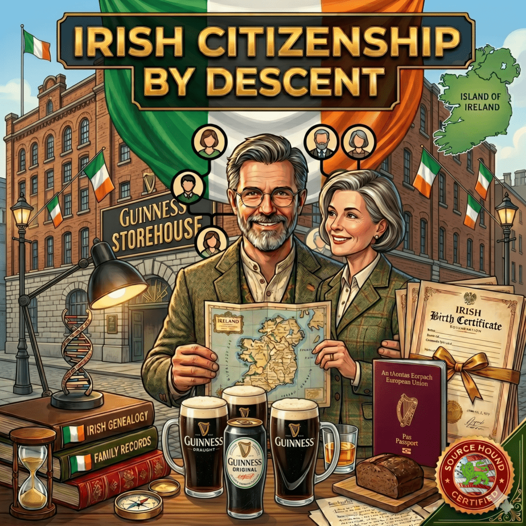 An illustrated infographic for "Irish Citizenship by Descent," featuring a smiling man and woman in tweed clothing standing in front of the Guinness Storehouse and an Irish flag. They hold a map of Ireland, and a family tree is connected to icons above them. The foreground features genealogical tools, including stacked books ("IRISH GENEALOGY," "FAMILY RECORDS"), an hourglass, a compass, and a DNA double helix. Also shown are three glasses and a can of Guinness, an open Irish passport, and a stack of tied birth certificates. A green map of the Island of Ireland is in the upper right. A "SOURCE HOUND CERTIFIED" seal is in the bottom right.