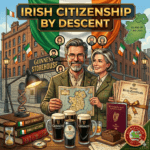 An illustrated infographic for "Irish Citizenship by Descent," featuring a smiling man and woman in tweed clothing standing in front of the Guinness Storehouse and an Irish flag. They hold a map of Ireland, and a family tree is connected to icons above them. The foreground features genealogical tools, including stacked books ("IRISH GENEALOGY," "FAMILY RECORDS"), an hourglass, a compass, and a DNA double helix. Also shown are three glasses and a can of Guinness, an open Irish passport, and a stack of tied birth certificates. A green map of the Island of Ireland is in the upper right. A "SOURCE HOUND CERTIFIED" seal is in the bottom right.