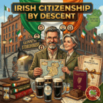 An illustrated infographic for "Irish Citizenship by Descent," featuring a smiling man and woman in tweed clothing standing in front of the Guinness Storehouse and an Irish flag. They hold a map of Ireland, and a family tree is connected to icons above them. The foreground features genealogical tools, including stacked books ("IRISH GENEALOGY," "FAMILY RECORDS"), an hourglass, a compass, and a DNA double helix. Also shown are three glasses and a can of Guinness, an open Irish passport, and a stack of tied birth certificates. A green map of the Island of Ireland is in the upper right. A "SOURCE HOUND CERTIFIED" seal is in the bottom right.