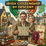An illustrated infographic for "Irish Citizenship by Descent," featuring a smiling man and woman in tweed clothing standing in front of the Guinness Storehouse and an Irish flag. They hold a map of Ireland, and a family tree is connected to icons above them. The foreground features genealogical tools, including stacked books ("IRISH GENEALOGY," "FAMILY RECORDS"), an hourglass, a compass, and a DNA double helix. Also shown are three glasses and a can of Guinness, an open Irish passport, and a stack of tied birth certificates. A green map of the Island of Ireland is in the upper right. A "SOURCE HOUND CERTIFIED" seal is in the bottom right.