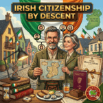 An illustrated infographic for "Irish Citizenship by Descent," featuring a smiling man and woman in tweed clothing standing in front of the Guinness Storehouse and an Irish flag. They hold a map of Ireland, and a family tree is connected to icons above them. The foreground features genealogical tools, including stacked books ("IRISH GENEALOGY," "FAMILY RECORDS"), an hourglass, a compass, and a DNA double helix. Also shown are three glasses and a can of Guinness, an open Irish passport, and a stack of tied birth certificates. A green map of the Island of Ireland is in the upper right. A "SOURCE HOUND CERTIFIED" seal is in the bottom right.