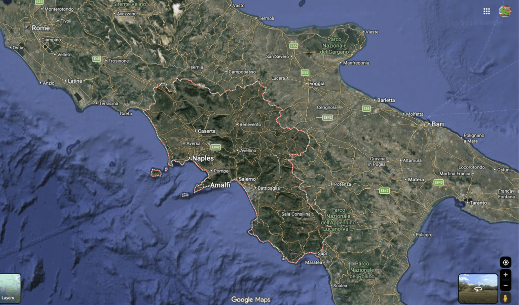 Italian Citizenship by Descent-The Complete 2026 Application Guide-Campania. Italian peninsula Google Earth showing Campania region.
