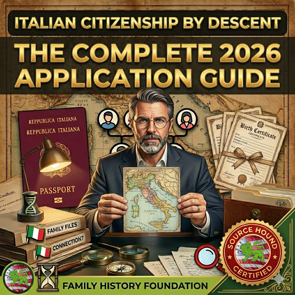 Italian Citizenship by Descent-The Complete 2026 Application Guide-featured showing man at desk with map and certificates.