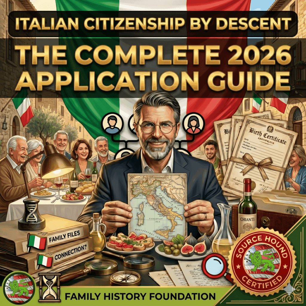 A professional genealogist sits at a table in an outdoor Italian setting, holding a vintage map of Italy. He is surrounded by other people enjoying food, wine, and conversation. The scene includes stacks of documents labeled "Family Files," birth certificates, and various genealogical research tools like a magnifying glass. The background features a large Italian flag, and the text overlay at the top reads: "ITALIAN CITIZENSHIP BY DESCENT: THE COMPLETE 2026 APPLICATION GUIDE," with a "Source Hound Certified" seal in the bottom right corner.
