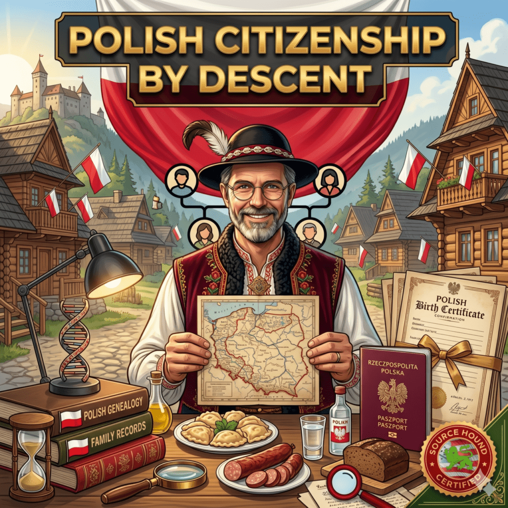 Here is the alt text for the image: A complex illustrative poster titled in large gold letters: "POLISH CITIZENSHIP BY DESCENT". In the foreground, a smiling middle-aged man with a grey beard, wearing a traditional Goral hat and embroidered vest, holds a vintage map of Poland. He is behind a table laden with items: pierogi, kielbasa, bread, a bottle of Polish vodka, a DNA double helix lamp, stacked books titled "POLISH GENEALOGY" and "FAMILY RECORDS", an hourglass, a compass, and a magnifying glass. To the right, a detailed "POLISH BIRTH CERTIFICATE" with a gold ribbon, a dark Polish passport with the national eagle emblem, and a "SOURCE HOUND CERTIFIED" seal. The background depicts a traditional Polish village with unique wooden architecture and a large Polish castle on a hill, all under a blue sky, with numerous Polish flags. A symbolic family tree chart connects figures around the man's head. The entire image has a detailed, illustrative art style.