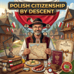 Here is the alt text for the image: A complex illustrative poster titled in large gold letters: "POLISH CITIZENSHIP BY DESCENT". In the foreground, a smiling middle-aged man with a grey beard, wearing a traditional Goral hat and embroidered vest, holds a vintage map of Poland. He is behind a table laden with items: pierogi, kielbasa, bread, a bottle of Polish vodka, a DNA double helix lamp, stacked books titled "POLISH GENEALOGY" and "FAMILY RECORDS", an hourglass, a compass, and a magnifying glass. To the right, a detailed "POLISH BIRTH CERTIFICATE" with a gold ribbon, a dark Polish passport with the national eagle emblem, and a "SOURCE HOUND CERTIFIED" seal. The background depicts a traditional Polish village with unique wooden architecture and a large Polish castle on a hill, all under a blue sky, with numerous Polish flags. A symbolic family tree chart connects figures around the man's head. The entire image has a detailed, illustrative art style.