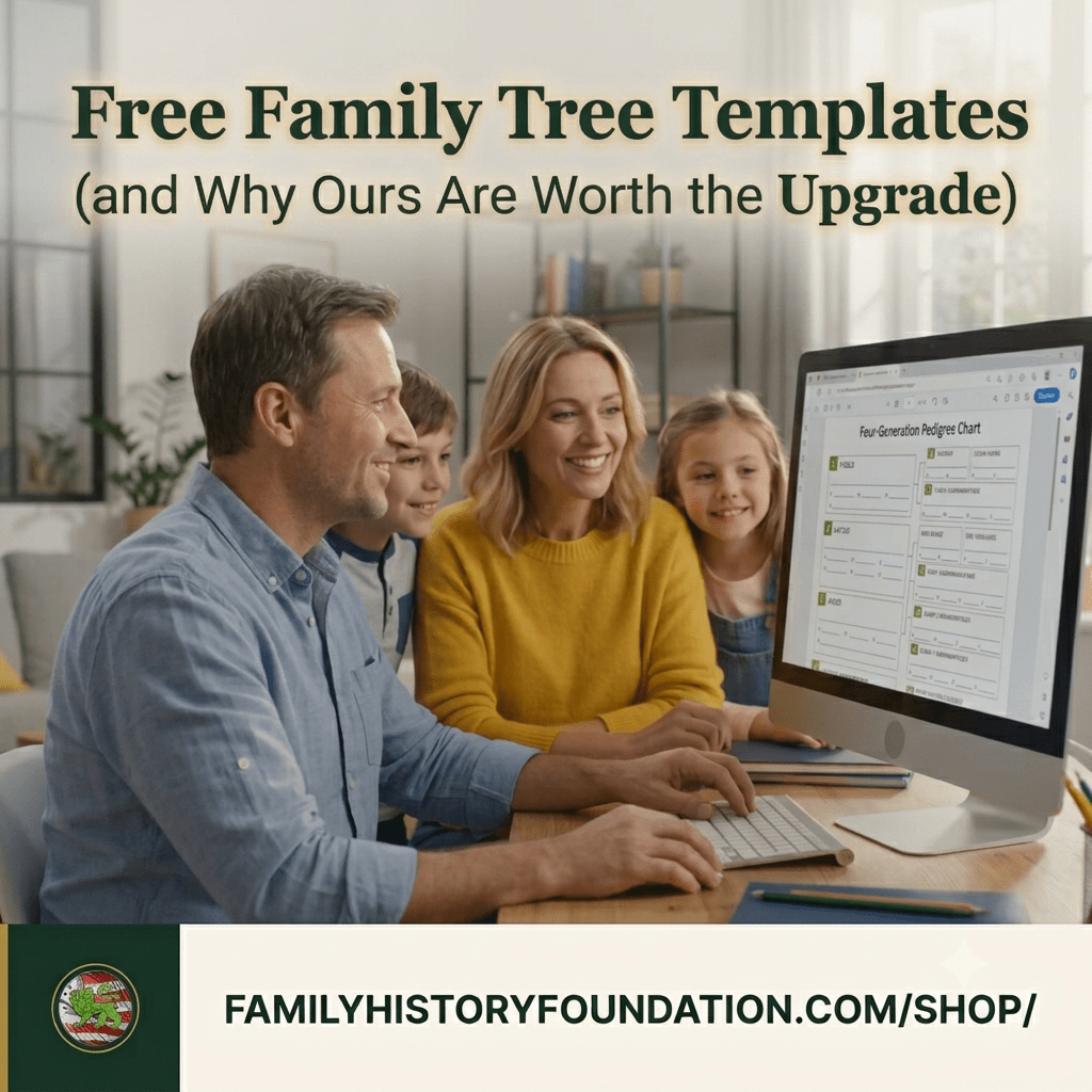 A 1:1 ratio blog thumbnail featuring a family of four—a father, mother, and two children—smiling while looking at a computer screen that displays a 'Four-Generation Pedigree Chart' template. The title 'Free Family Tree Templates (and Why Ours Are Worth the Upgrade)' appears in a bold, dark green font with a soft glow at the top. At the bottom, a small, off-white banner displays the URL 'FAMILYHISTORYFOUNDATION.COM/SHOP/' next to the Family History Foundation logo on a dark green background.