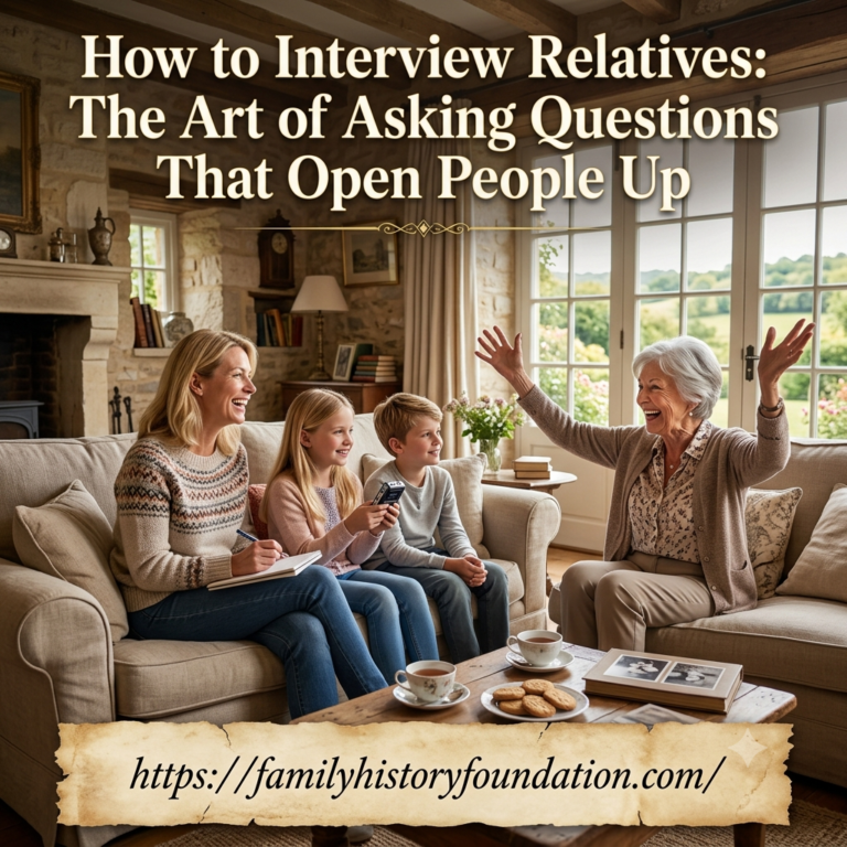 family history interview questions. A smiling grandmother with outstretched arms tells a story to her blonde daughter, who is taking notes, and her two children on a tufted couch in a stone-walled room. The room has large windows looking out over a rolling valley vineyard. In the foreground is a coffee table with open photo albums and a framed picture. At the top of the image, text reads: "How to Interview Relatives: The Art of Asking Questions That Open People Up." Below the coffee table, a parchment-style banner contains the URL "https://familyhistoryfoundation.com/".