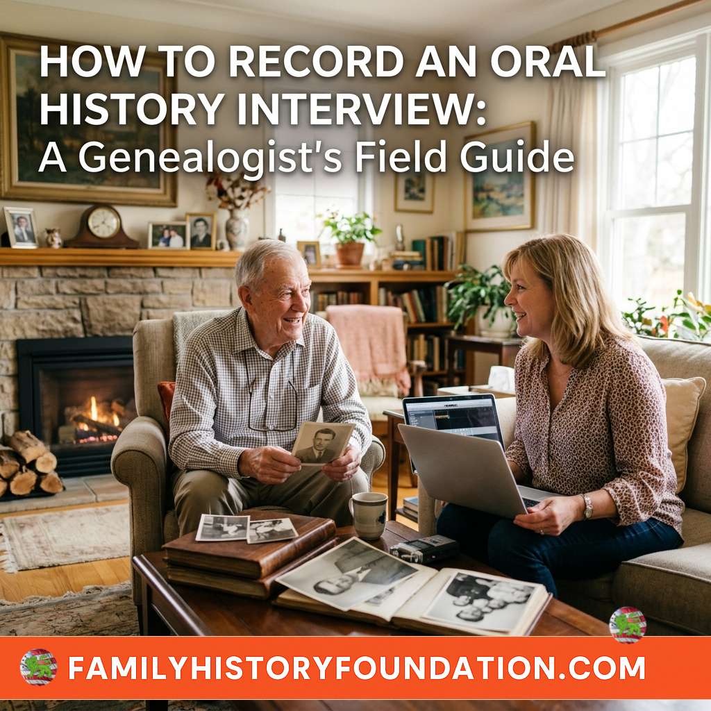 A warm, bright living room scene where a middle-aged woman with blonde hair sits on a couch interviewing her elderly grandfather, who has grey hair and smiles warmly while holding an old photograph. They sit near a coffee table covered in vintage photo albums and historical pictures. A cozy brick fireplace with a burning fire is visible in the background. Across the bottom of the image, a solid lime-green banner prominently displays the text 'FAMILYHISTORYFOUNDATION.COM' in a bold, black sans-serif font.