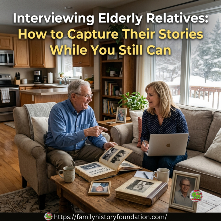 A middle-aged blonde woman sitting on a living room couch with a laptop, smiling at her elderly grandfather who sits in an armchair opposite her. The grandfather, wearing a blue shirt, points animatedly at open photo albums and framed pictures spread across the coffee table. A large window behind them shows a snowy outdoor view, with an open-plan kitchen visible in the background. The image features overlay text at the top reading, "Interviewing Elderly Relatives: How to Capture Their Stories While You Still Can," and a website URL across the bottom: https://familyhistoryfoundation.com/.