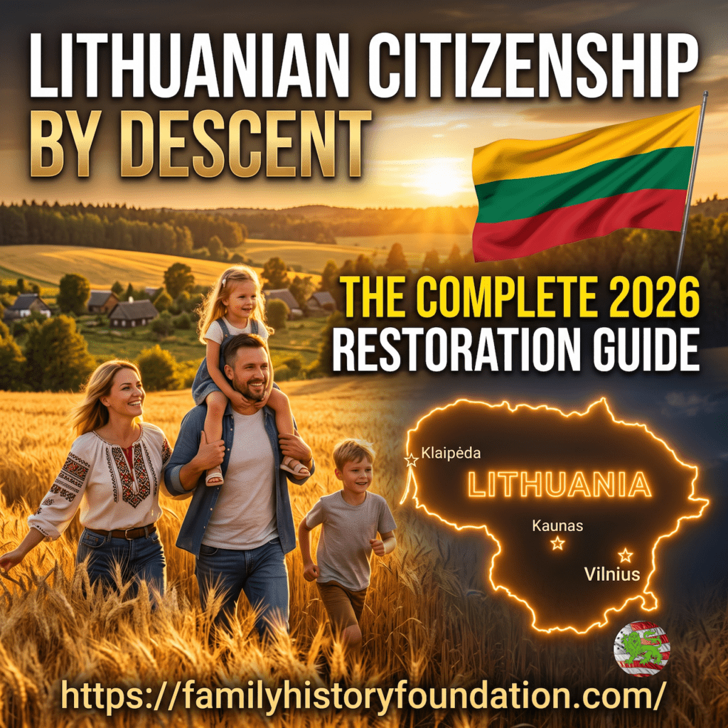 A 1:1 square blog thumbnail titled "LITHUANIAN CITIZENSHIP BY DESCENT: THE COMPLETE 2026 RESTORATION GUIDE" in bold white and gold text. The background features a picturesque Lithuanian countryside at sunset with rolling hills and a family—a man, a woman in a traditional embroidered blouse, and two young children—happily walking through a golden wheat field during harvest. In the top right, the Lithuanian flag waves prominently on a flagpole. In the bottom right, an orange glowing neon outline map of Lithuania highlights the cities of Vilnius, Kaunas, and Klaipėda. The website URL "https://familyhistoryfoundation.com/" is printed clearly in a clean font across the bottom edge of the image.