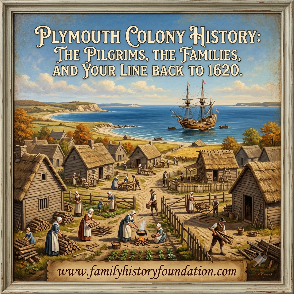 An oil-painting style illustration of Plymouth Colony in 1620 showing settlers working among thatched wooden houses, with the Mayflower anchored in the bay behind them. Text overlay reads "Plymouth Colony History: The Pilgrims, the Families, and Your Line Back to 1620."