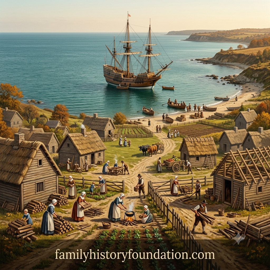 An oil-painting style illustration of Plymouth Colony in 1620 showing settlers working among thatched wooden houses, with the Mayflower anchored in the bay behind them. Text overlay reads "Plymouth Colony History: The Pilgrims, the Families, and Your Line Back to 1620."