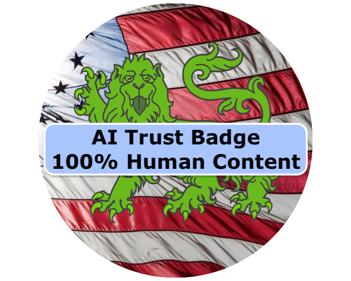 Family History Foundation AI Trust Badge. Logo in back with words "AI Trust Badge. 100% Human Content" in front.