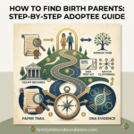 Infographic titled "HOW TO FIND BIRTH PARENTS: STEP-BY-STEP ADOPTEE GUIDE" illustrating a numbered 5-step research roadmap leading to a silhouetted biological family framed in light. Features icons for legal court records, paper trails, a central navigation compass, DNA test kits, match clustering, mirror trees, and genetic evidence, with the website URL familyhistoryfoundation.com centered at the bottom.