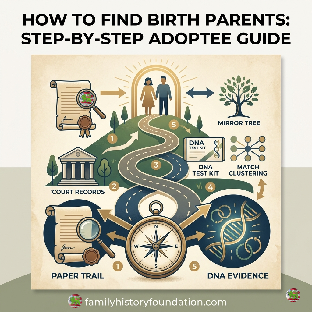 Infographic titled "HOW TO FIND BIRTH PARENTS: STEP-BY-STEP ADOPTEE GUIDE" illustrating a numbered 5-step research roadmap leading to a silhouetted biological family framed in light. Features icons for legal court records, paper trails, a central navigation compass, DNA test kits, match clustering, mirror trees, and genetic evidence, with the website URL familyhistoryfoundation.com centered at the bottom.