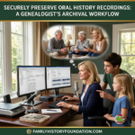 Preserve Oral History Recordings. An infographic illustrates a method for preserving oral history. The title at the top, in large dark green letters, reads "HOW TO PRESERVE, TRANSCRIBE, AND SHARE ORAL HISTORY RECORDINGS:" followed by the subtitle "A GENEALOGIST’S ARCHIVAL WORKFLOW" in gold. Below this, four distinct illustrated scenes show the process with curved arrows indicating flow. The first scene features a gold vintage-style microphone and a modern smartphone with wave lines indicating recording sound, below which is a smaller lapel microphone. An arrow points to an open book with pages filled with musical notation, an 'A' on the left, and handwritten notes on the right being written by a pen with a feather quill. The third illustration shows a stylized shield with a lock, and the final image depicts a cloud with a small chain, below which is a green machine labeled with gold components and a gold gear, with small roots growing out of the base, and small icons representing people connected to it by lines, indicating connections. Below these three, smaller icons also depict headphones, a stylus writing on a screen, and a profile of a person. The overall background is cream-colored with a simple border, and the infographic is contained within a gold line frame. At the bottom, a solid dark green banner with white text reads "FAMILYHISTORYFOUNDATION.COM".