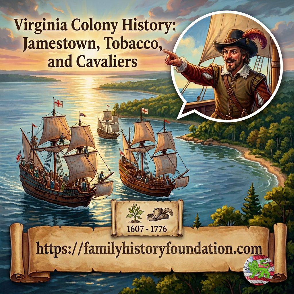 1:1 featured graphic for a blog post titled "Virginia Colony History: Jamestown, Tobacco, and Cavaliers." The image depicts three 1607 English ships—the Susan Constant, Godspeed, and Discovery—sailing toward the lush green shoreline of Virginia under a bright, glowing sun. A circular pop-out speech bubble shows a jubilant captain in 17th-century attire pointing enthusiastically toward land. A scroll banner at the bottom displays the website URL https://familyhistoryfoundation.com.