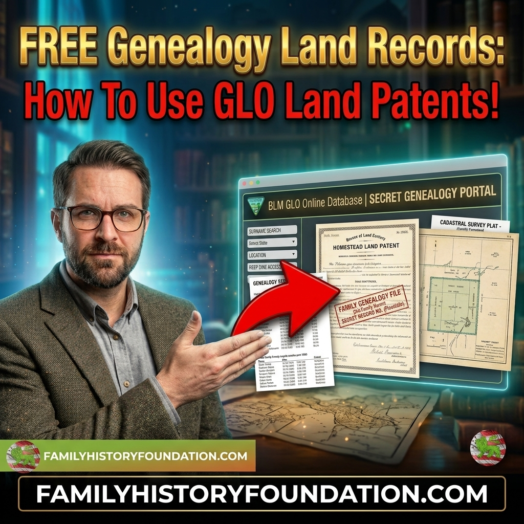 Genealogy Lane Patents. Square blog thumbnail titled "FREE Genealogy Land Records: How To Use GLO Land Patents!" featuring a man pointing to a digital display of homestead land patents and survey plats, with familyhistoryfoundation.com listed at the bottom.