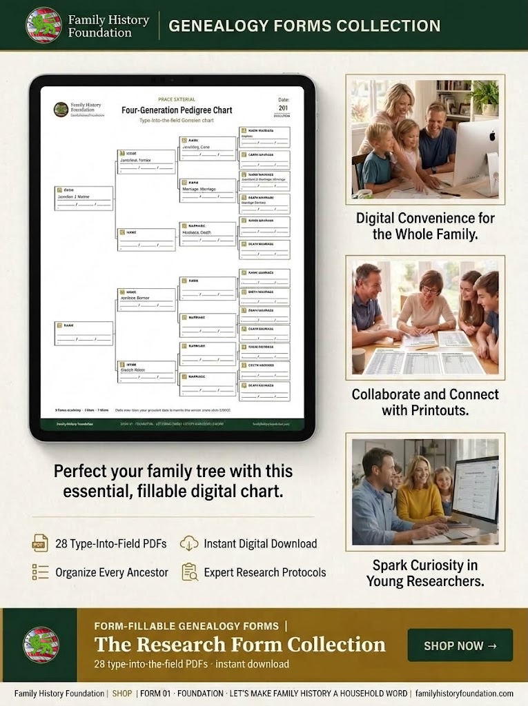 Four-Generation Pedigree Chart with unlimited edits – editable genealogy form – FHF