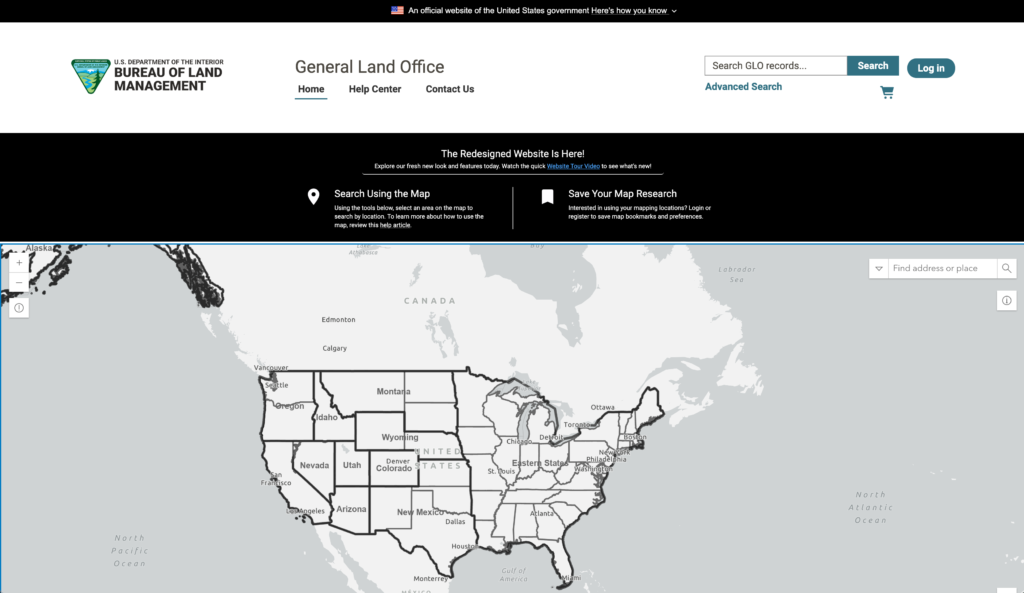 Free Genealogy Land Patents: How To Use GLO Land Records! 7 A screenshot of the Bureau of Land Management (BLM) website interface, featuring navigation menus, options for accessing land records, and interactive maps for searching General Land Office (GLO) patents.