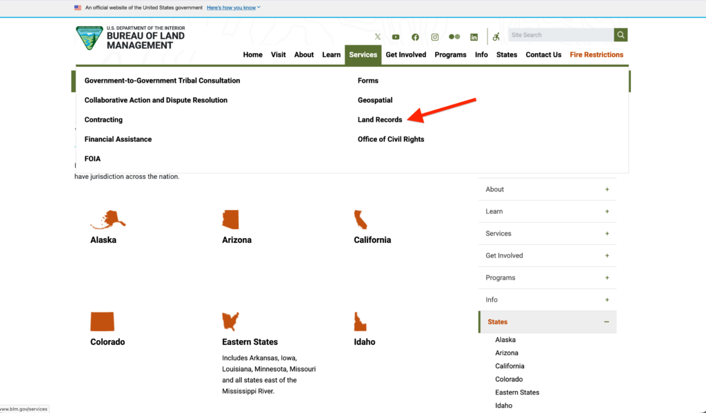 Free Genealogy Land Patents: How To Use GLO Land Records! 5 A screenshot of the Bureau of Land Management (BLM) website interface, featuring navigation menus, options for accessing land records, and interactive maps for searching General Land Office (GLO) patents.