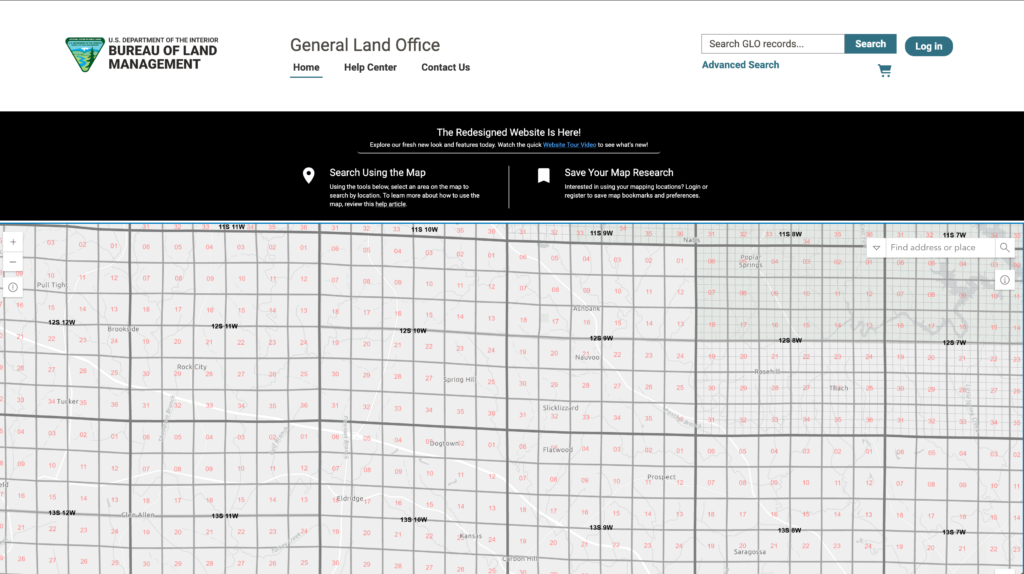 Free Genealogy Land Patents: How To Use GLO Land Records! 20 A screenshot of the Bureau of Land Management (BLM) website interface, featuring navigation menus, options for accessing land records, and interactive maps for searching General Land Office (GLO) patents.