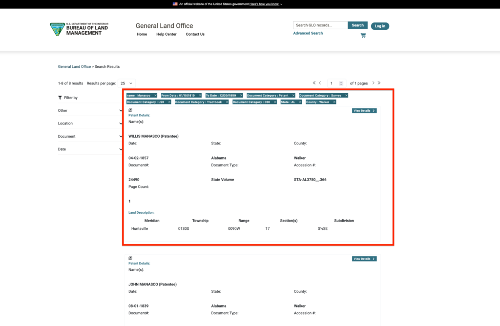 Free Genealogy Land Patents: How To Use GLO Land Records! 11 A screenshot of the Bureau of Land Management (BLM) website interface, featuring navigation menus, options for accessing land records, and interactive maps for searching General Land Office (GLO) patents.