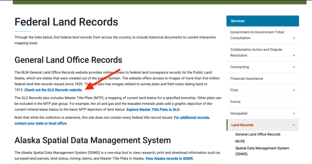 Free Genealogy Land Patents: How To Use GLO Land Records! 6 A screenshot of the Bureau of Land Management (BLM) website interface, featuring navigation menus, options for accessing land records, and interactive maps for searching General Land Office (GLO) patents.