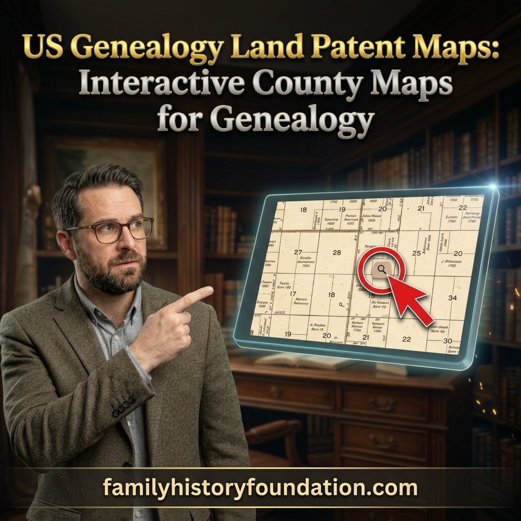 A man in a suit and glasses points toward a digital tablet displaying an interactive historical land map, with gold title text reading "US Genealogy Land Patent Maps: Interactive County Maps for Genealogy" at the top and the URL "familyhistoryfoundation.com" at the bottom.