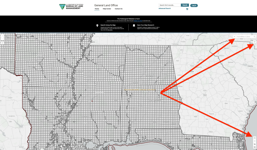 Land Patent Maps. Screenshots of the Bureau of Land Management General Land Office online map interface showing a grid section highlighted in blue with interactive pop-up menus and layer settings.