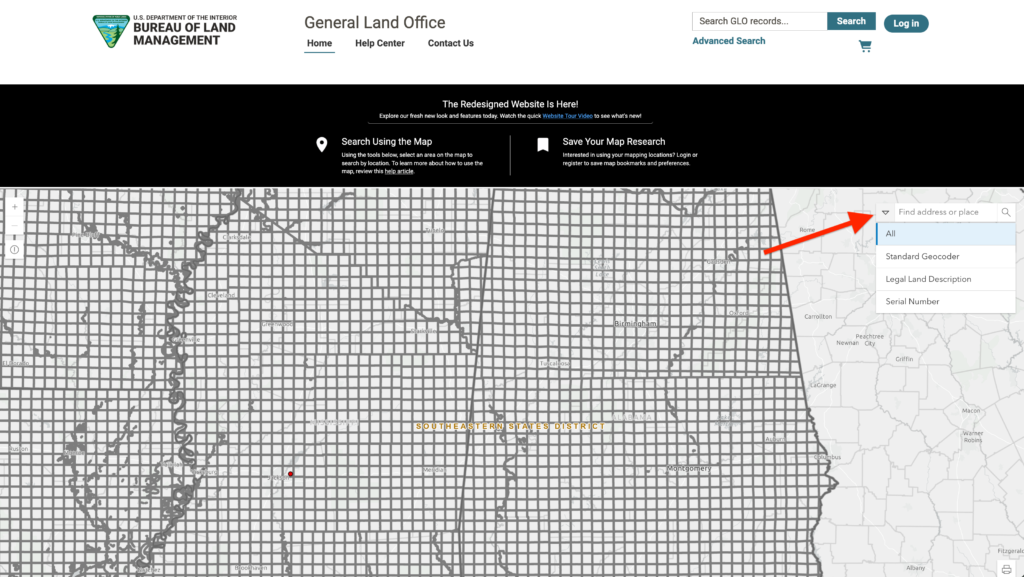 Land Patent Maps. Screenshots of the Bureau of Land Management General Land Office online map interface showing a grid section highlighted in blue with interactive pop-up menus and layer settings.