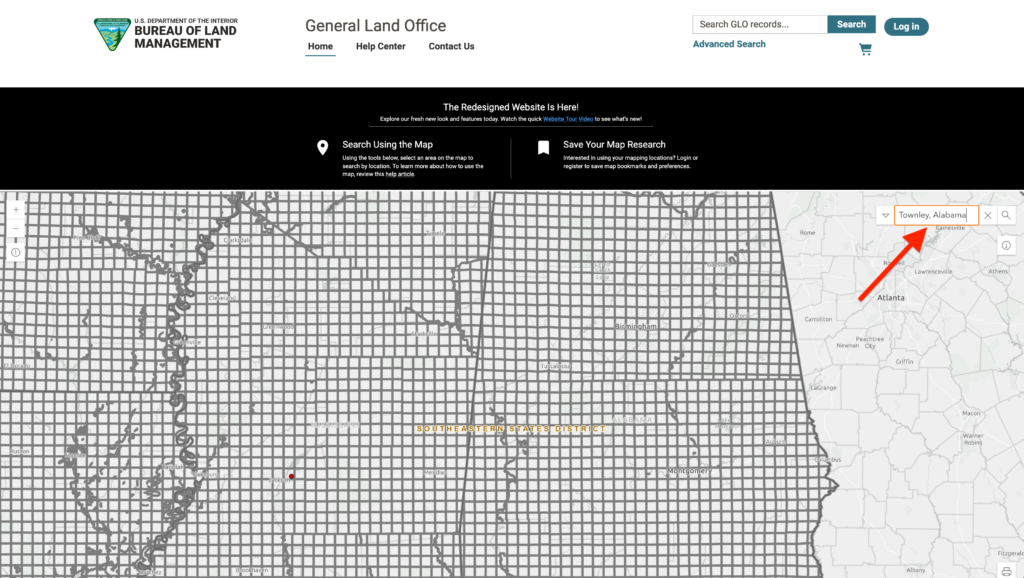 Land Patent Maps. Screenshots of the Bureau of Land Management General Land Office online map interface showing a grid section highlighted in blue with interactive pop-up menus and layer settings.