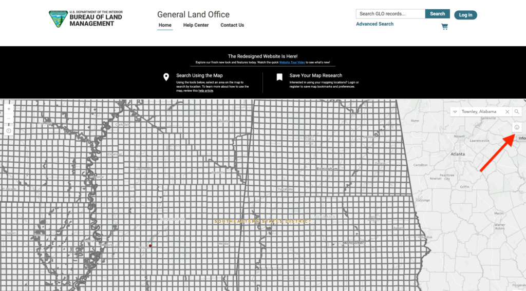 Land Patent Maps. Screenshots of the Bureau of Land Management General Land Office online map interface showing a grid section highlighted in blue with interactive pop-up menus and layer settings.